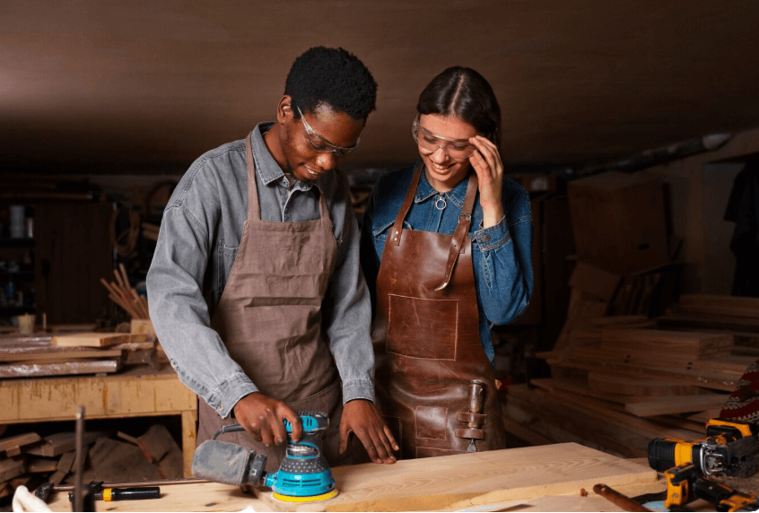 Artisan et artisane qui collaborent et se transmettent leur savoir-faire