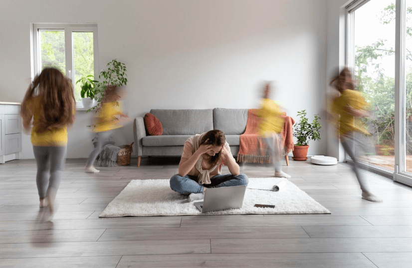 femme au bord de la crise de nerf devant son pc portable avec une enfant qui chahute autour d'elle