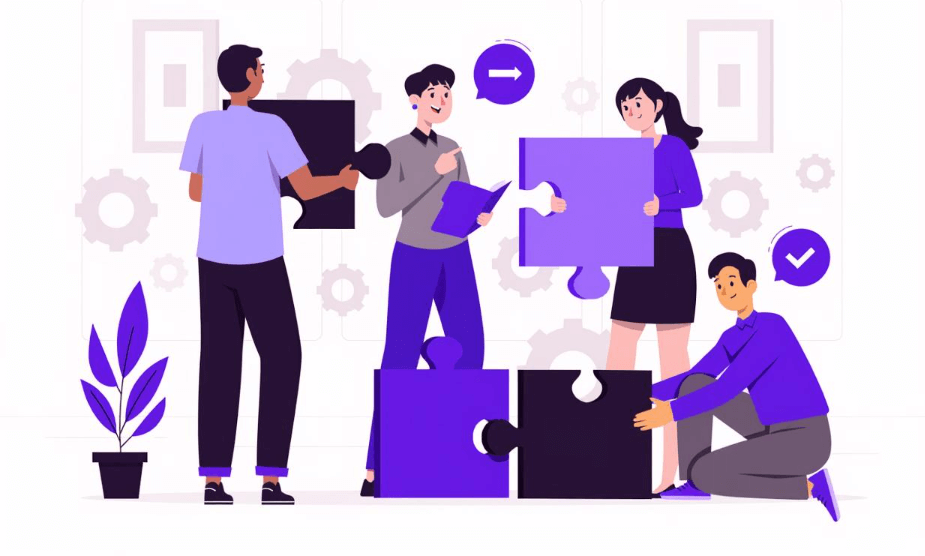 groupe de personnes qui s'entraide s'assistent pour résoudre une problématique