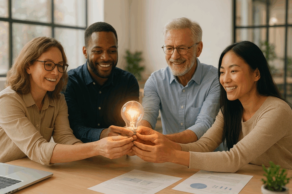 Entrepreneurs qui tiennent une ampoule collaboration