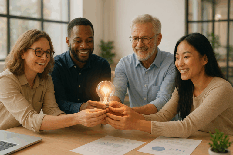 Entrepreneurs qui tiennent une ampoule collaboration