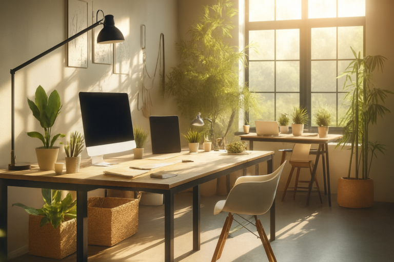 Bureau éclairé par la lumière du matin, plantes, ordinateur, espace de travail zen