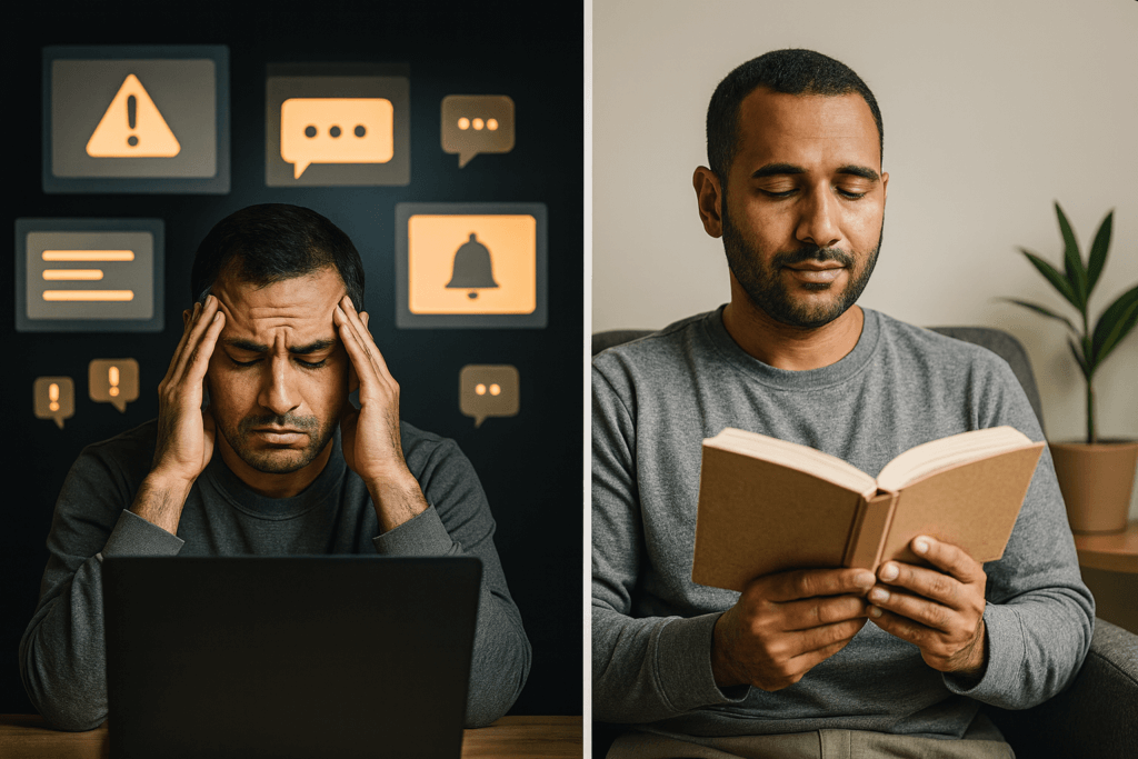 Comparaison avant/après montrant un homme stressé par les notifications numériques devenant serein en lisant un livre après avoir réduit son temps d'écran