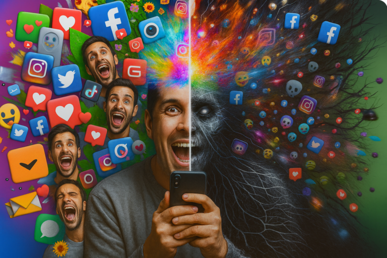 Dry January Digital 2026 homme llustration dramatique montrant l'impact de l'addiction aux réseaux sociaux : cerveau submergé par les notifications et icônes Instagram, Facebook, TikTok