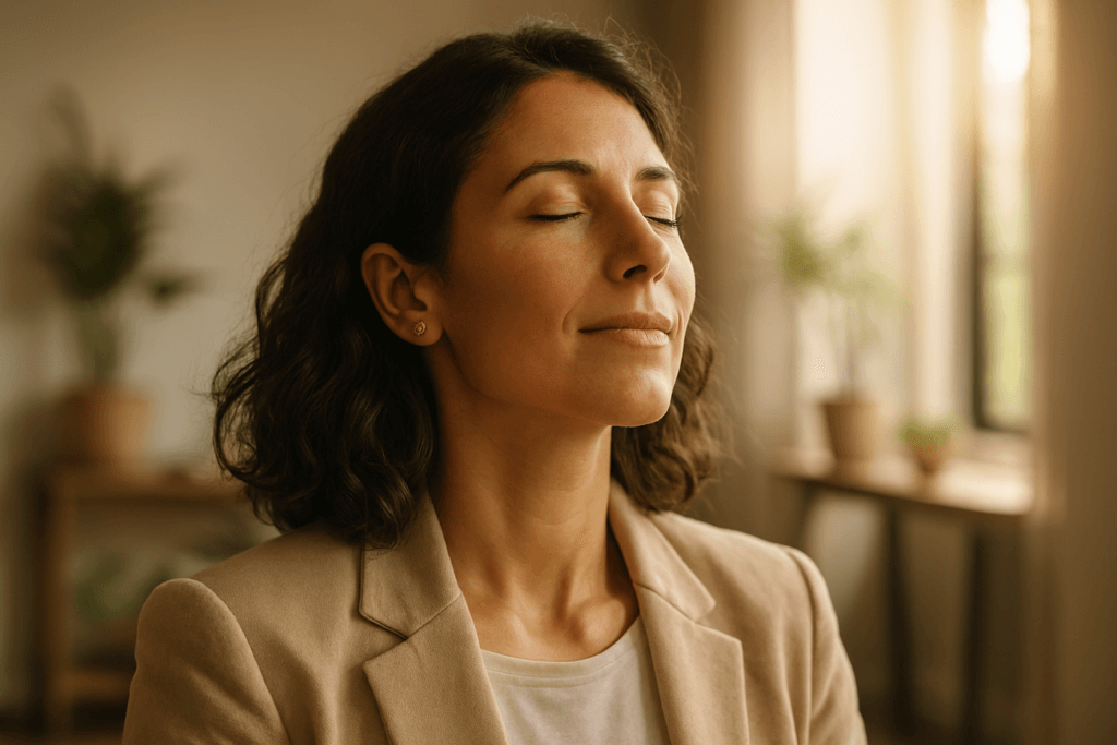 Femme entrepreneure apaisée, elle respire près de la fenêtre, elle est sereine