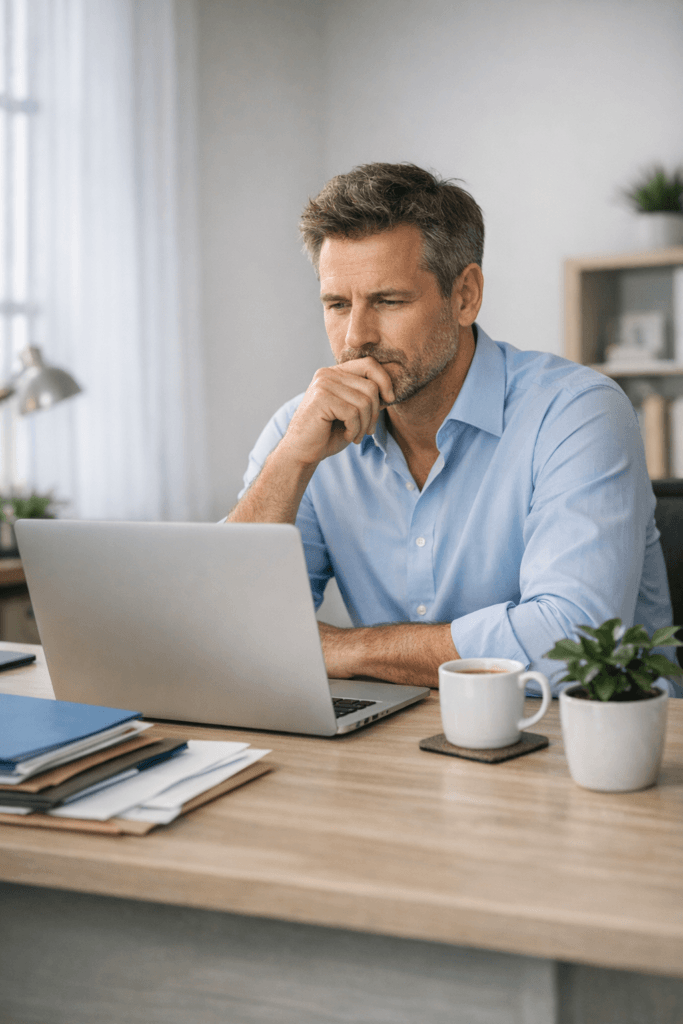Entrepreneur qui réfléchit à comment passer à la facturation électronique dans son entreprise dossiers bureau ordinateur