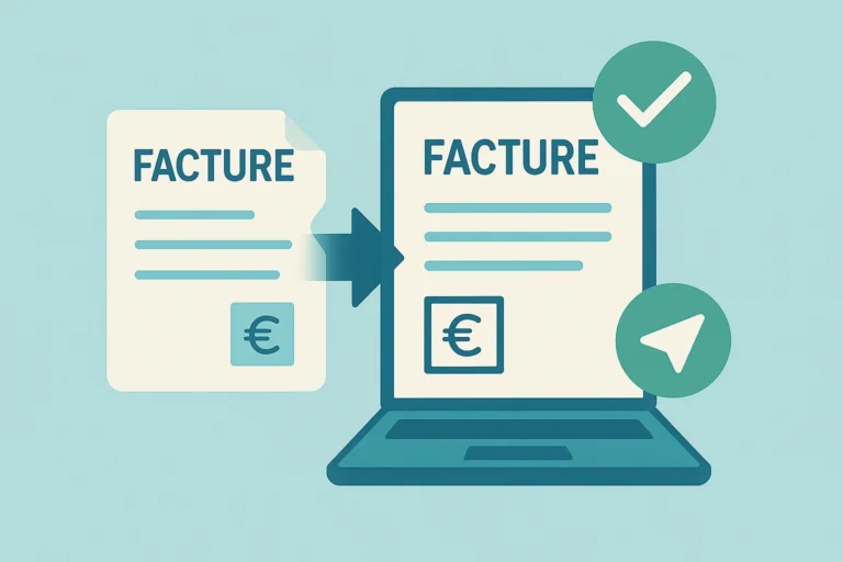 Une facture papier, un ordinateur avec une facture électronique